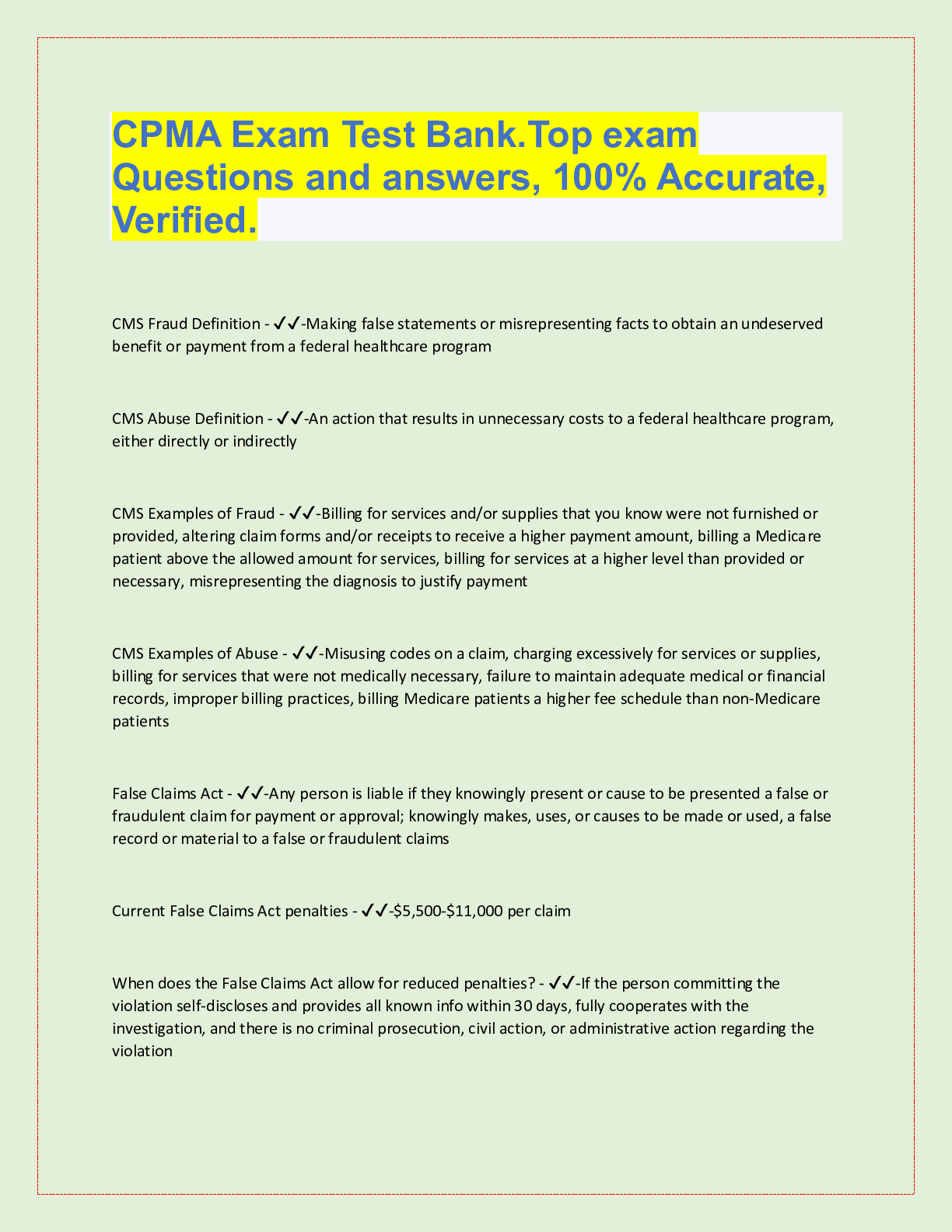 Preview image for CPMA Exam Test Bank.Top exam  Questions and answers, 100% Accurate,  Verified.